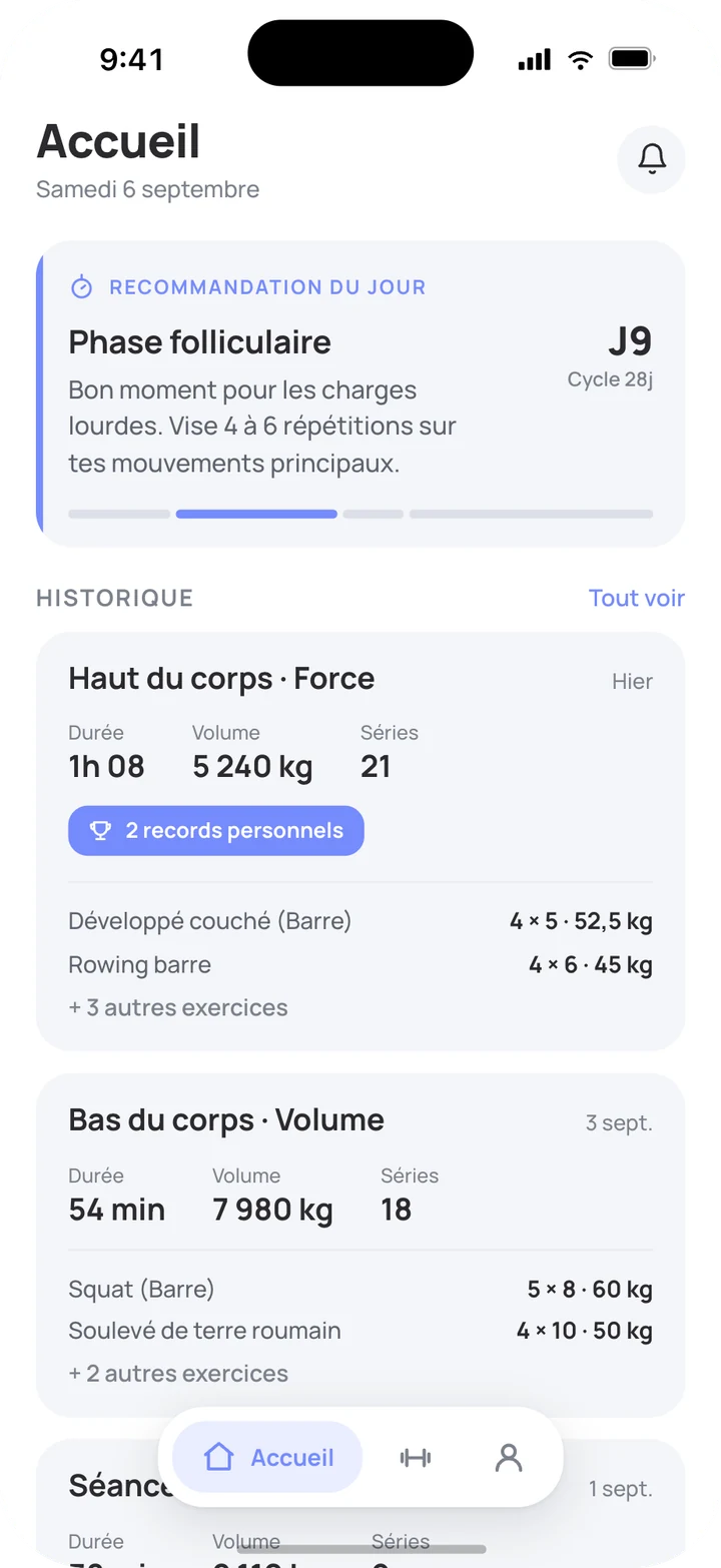 Écran d’accueil de Steel : recommandation du jour en phase folliculaire, jour 9, et historique des séances