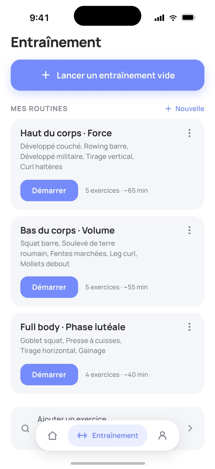 Écran Entraînement avec trois routines prêtes à démarrer