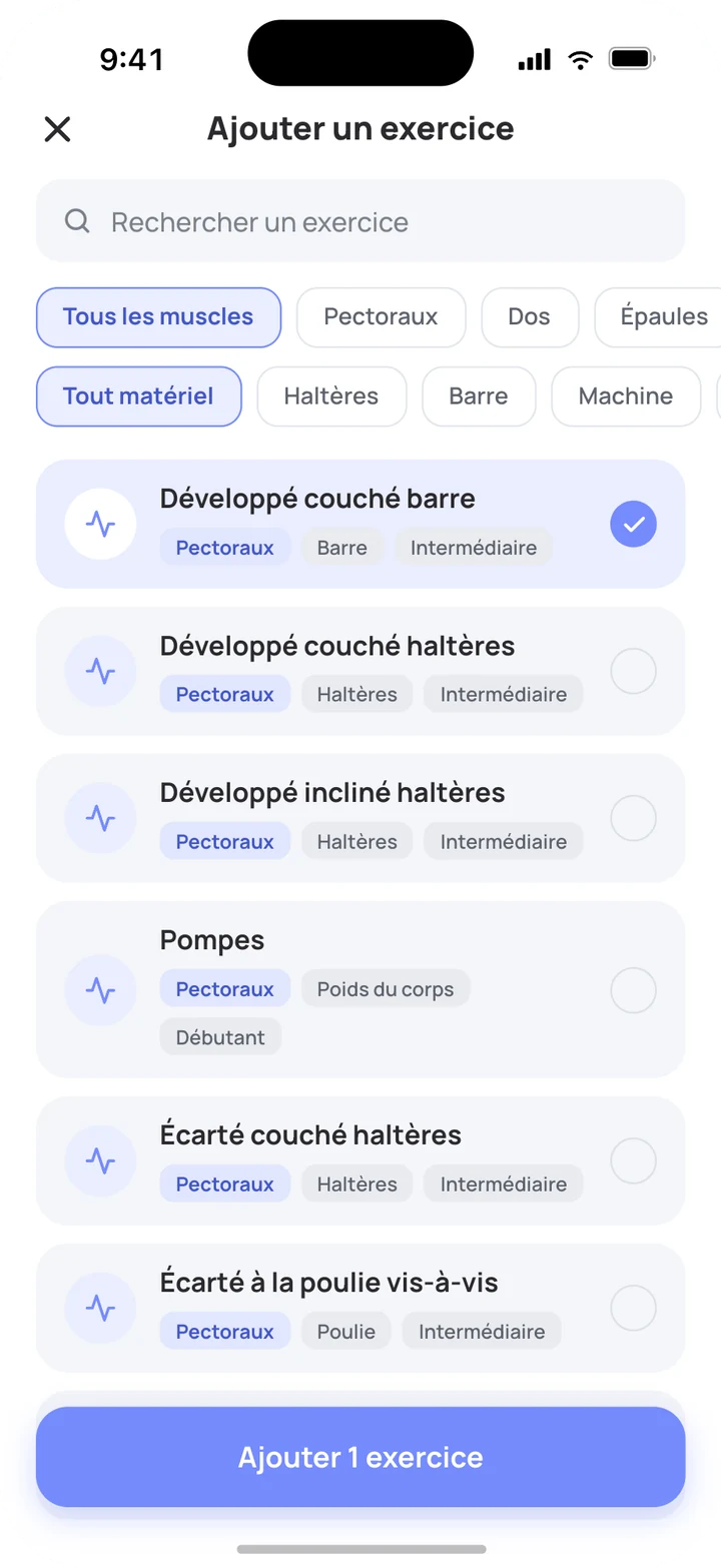 Écran Ajouter un exercice, filtré par muscle et par matériel
