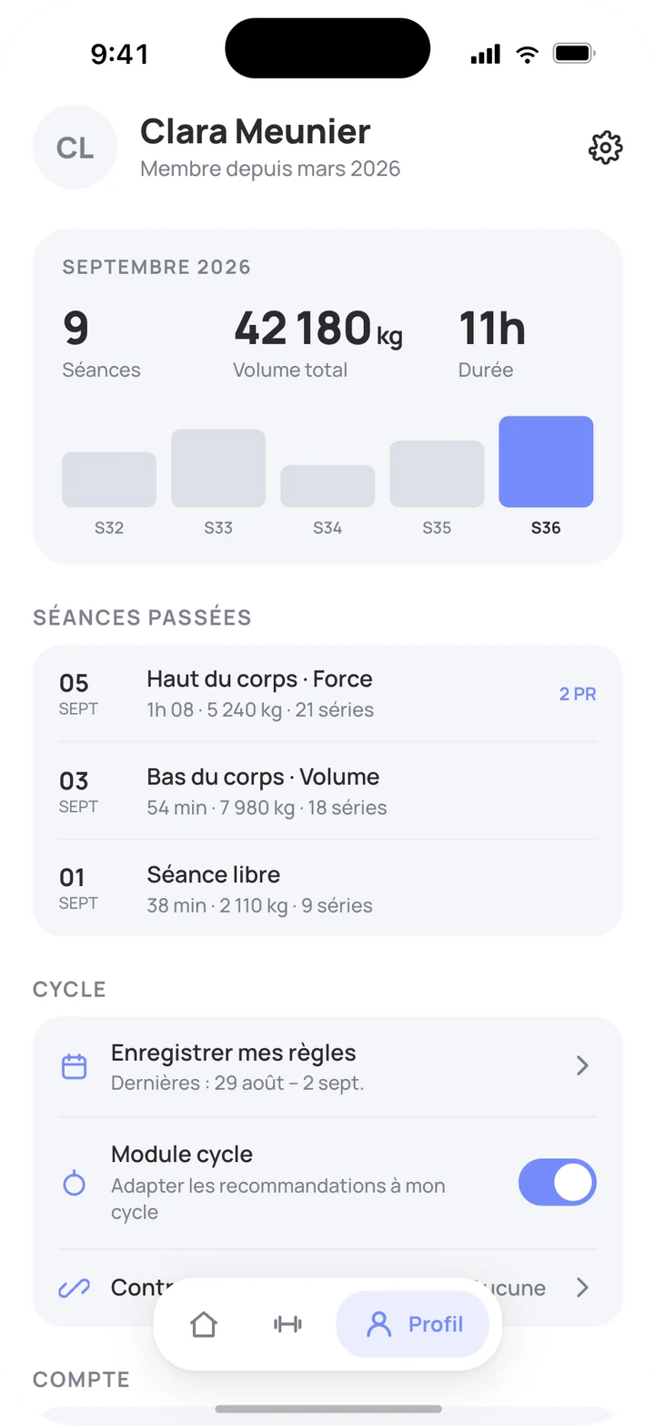 Écran Profil : séances, volume total et durée du mois, réglages du cycle