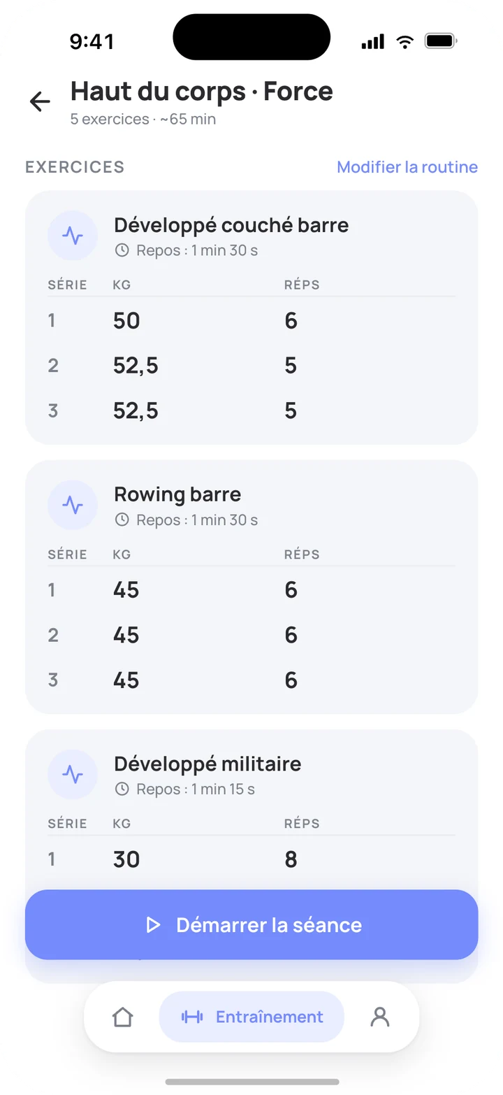 Écran d’une routine Haut du corps · Force : séries, charges et répétitions par exercice